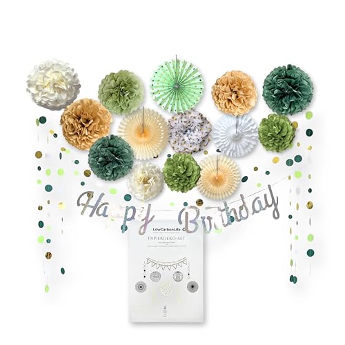 LowCarbonLife Grün Boho Geburtstag Deko 18-teilig, Geburtstagsdeko, Salbeigrün Party Deko, Happy Birthday Girlande Geburtstagsdeko Frauen für Babyparty Deko, Tischdeko Geburtstag (Grün Boho) von LowCarbonLife