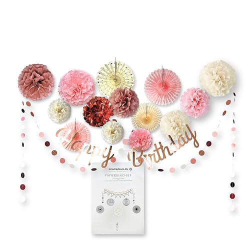 LowCarbonLife Rosa Geburtstag Deko 18-teilig, Zartrosé/Pink Geburtstagsdeko, Pompons, Papierfächer, Girlande & Happy Birthday Banner, Geburtstagsdeko für Frauen Babyparty Deko (Zartrosa Mix) von LowCarbonLife