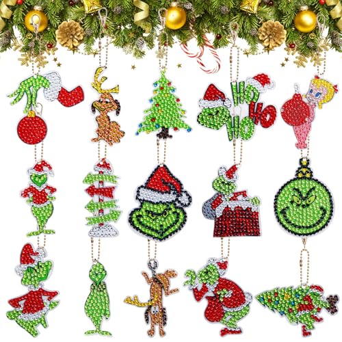 15 Stücke 5D Diamond Painting Weihnachten, DIY Diamant Aufkleber Kit, Kinder Anhänger, Cartoon Weihnachtsdekoration von Lowats