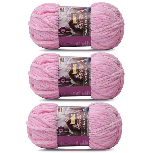 Lpalats Dickes Chenille-Garn zum Häkeln, 3 x 100 g, Babydeckengarn zum Häkeln, weich, 260 m, flauschige, dicke Plüschgarne zum Stricken von Decken, Amigurumi (3, Dunkelrosa) von Lpalats