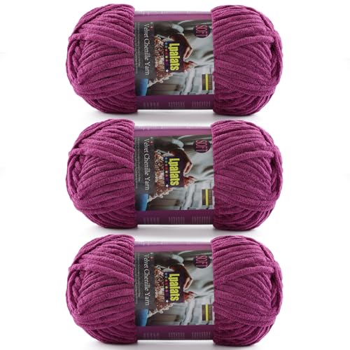 Lpalats Dickes Chenille-Garn zum Häkeln, 3 x 100 g, Babydeckengarn zum Häkeln, weich, 260 m, flauschige, dicke Plüschgarne zum Stricken von Decken, Amigurumi (3, Violett) von Lpalats