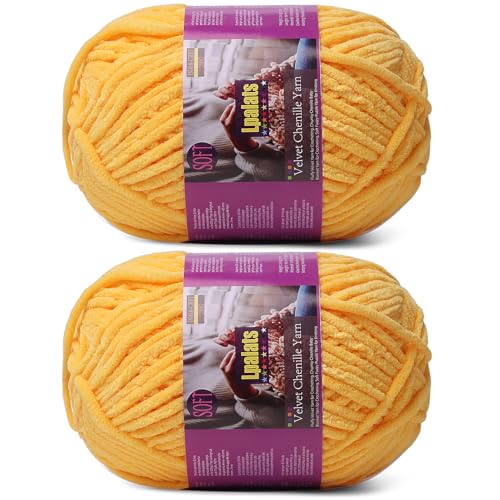 Lpalats Dickes Chenille-Garn zum Häkeln – 2 x 200 g Babydeckengarn zum Häkeln, weich – 300 Meter flauschige, dicke Plüschgarne zum Stricken von Decken, Amigurumi (2, Goldgelb) von Lpalats