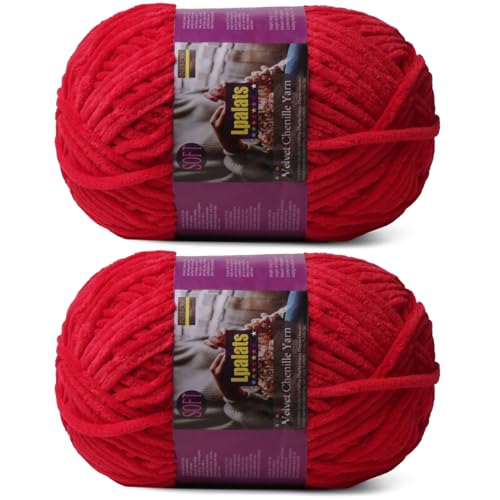 Lpalats Dickes Chenille-Garn zum Häkeln – 2 x 200 g Babydeckengarn zum Häkeln, weich – 300 Meter flauschige, dicke Plüschgarne zum Stricken von Decken, Amigurumi (2, Rot) von Lpalats