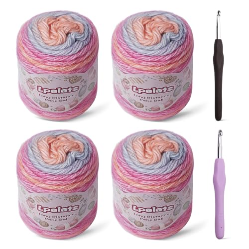 Ombré-Garn zum Häkeln, superweiches Garn aus 60 % Baumwolle, 40 % Acryl, 900 Yds Farbverlauf, Kuchengarne, zum Stricken von Schals, Decken, buntes Basteln mit 2 Häkelnadeln (4, rosa Farbverlauf), 4 von Lpalats