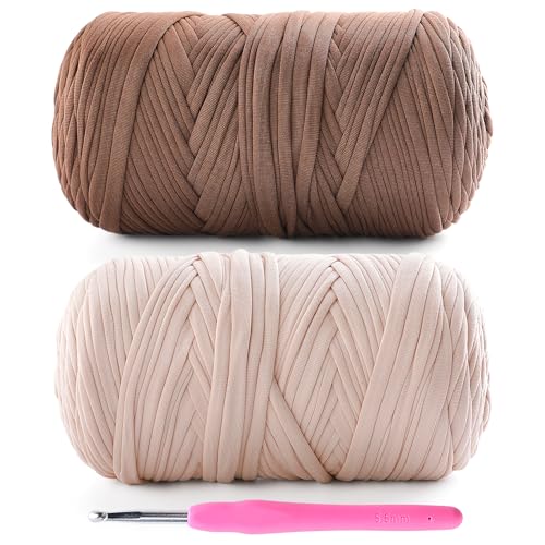 T-Shirt-Garn zum Häkeln, 800 g, für T-Shirts, weicher, elastischer Stoff, T-Shirt-Garn zum Häkeln von Taschen, Körben, Heimdekoration mit 1 Häkelnadel (2, Beige + Kaffee), 2 Stück von Lpalats