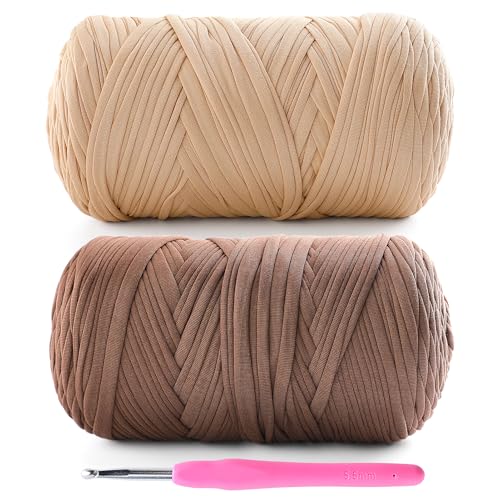 T-Shirt-Garn zum Häkeln, 800 g, für T-Shirts, weicher, elastischer Stoff, T-Shirt-Garn zum Häkeln von Taschen, Körben, Heimdekoration mit 1 Häkelnadel (2, Khaki + Kaffee), 2 Stück von Lpalats