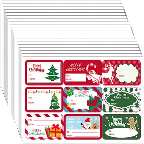 180 Stück/20 Blätter Weihnachtsanhänger Geschenkaufkleber Namensschild Weihnachtsmann Schneemänner Weihnachtsbaum Rentier Glocken Dekorativer Feiertagsanhänger von Lpitoy