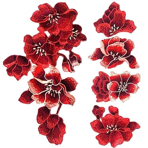 5 Stück rote Pflaumenblüten-Stickerei-Patches Stoffaufkleber Applikation Kleidung Aufnäher Handwerksnähen Reparatur von Lpitoy