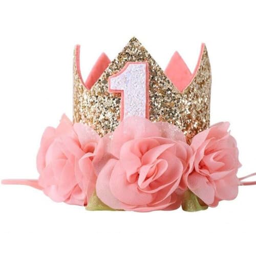 Lpitoy Geburtstagskrone für Babys Mädchen Erster Geburtstag Blumen Geburtstagsparty Tiara Krone Mütze Stirnband für Mädchen Jungen Baby 1. Geburtstagsfeierbedarf von Lpitoy