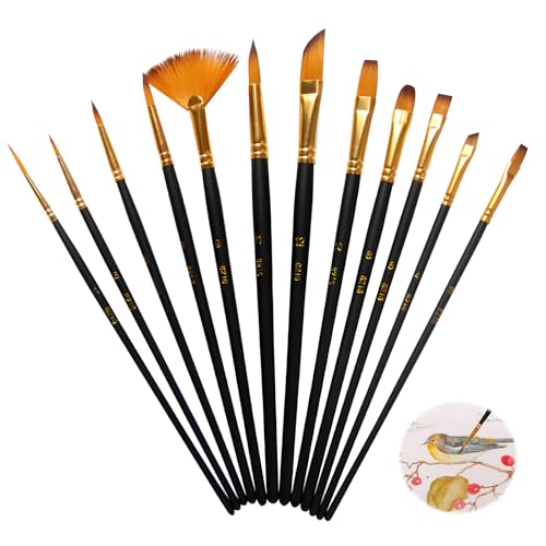 12 Stück Pinsel Set, Pinsel Set aus Synthetik Künstlermalpinsel Pinselset Schwarz Aquarellpinsel Nylon Pinselset Acrylfarben Malerei Ölfarben Brush für Acryl Ölgemälde Gouache und Tempera Malerei von Lpolkvemelh