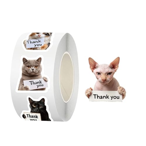 Lpsdssre Cat-Aufkleber, Sichere Kleberleistung, 6x6x2,8 cm, Süße Katzenaufkleber Rollen, Kätzchen Danke Etiketten, Großzügige 500-Stück, Wasserdicht, Für Verpackungen von Lpsdssre
