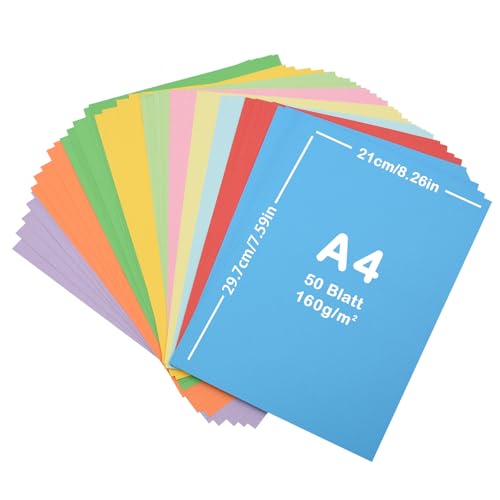 50pcs buntes papier a4, Blatt farbiger Karton 160g /m², buntpapier a4, A4 Karte, 10 Farben, 21 x 29.7 cm Kartenpapier für DIY Kunst Pape, kreative Dekoration(160g) von Lre Co.