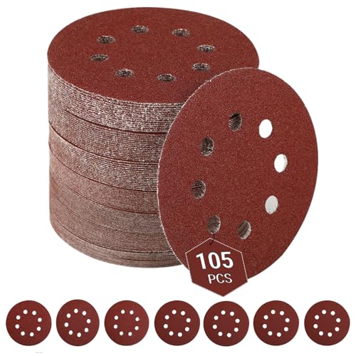 105 Stück Klett Schleifpapier 125 mm – Runde Schleifscheiben mit 8 Loch – für Exzenterschleifer, Staubentfernung (Körnung 40/60/80/120/180/240/320, je 15 Stück) von Lrocotanc