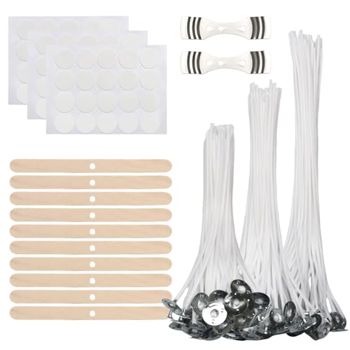 Kerzendocht Set 150 Stück Dochten in DREI Längen (10/15/20 cm) inklusive 60 Docht-Aufklebern 10 Dochthaltern und 2 Metallhalterungen ideal für DIY-Kerzen Öllampen und Aromatherapie-Kerzen von Lrocotanc
