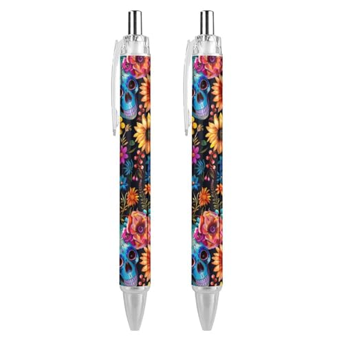 Lrtyuasq Totenkopf und Blumen Tag der Toten Roller, schwarzer Kugelschreiber, einziehbarer Journaling-Stift, Arbeitsstifte für Bürobedarf von Lrtyuasq