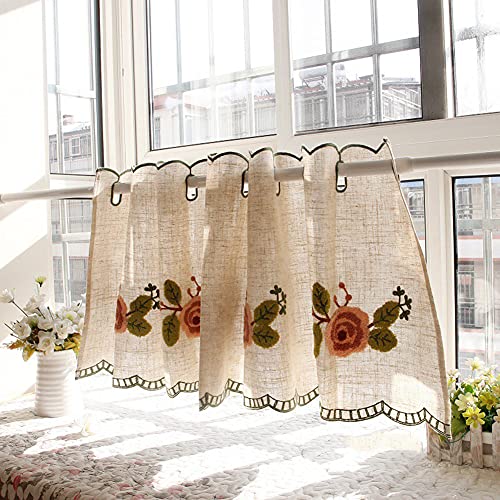 Lsimeru Bistrogardine Landhausstil Shabby Chic Stickerei Rose Muster Scheibengardinen Kurz Farbig Baumwolle Romantisch Kurzgardine Küchenvorhänge Fenster Halbtransparent 1 Stück,155x42 von Lsimeru