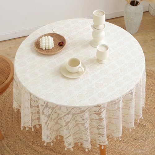 Lsimeru Boho Style Tischdecke Gehäkelt Rund 150cm Blumenmuster Baumwolle Weiß Tischtuch Geflochten Häkeloptik Outdoor Waschbar Tafeltuch Tischdekoration für Hochzeit Party Kaffee von Lsimeru