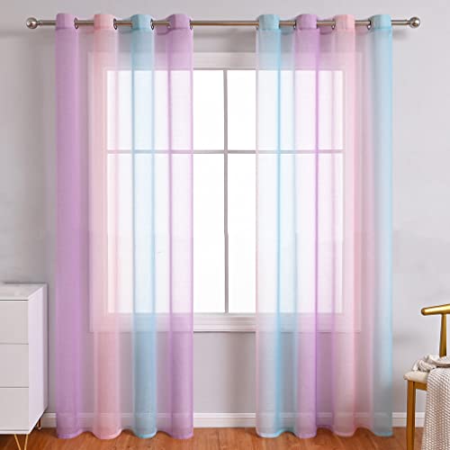 Lsimeru Gardine Farbverlauf Transparent Lila Rosa Blau Kinderzimmer Mädchen Jungen 2er Pack Regenbogen Sheer Vorhänge Durchsichtig Ösenvorhang Kindervorhänge Babyzimmer,140x160 von Lsimeru