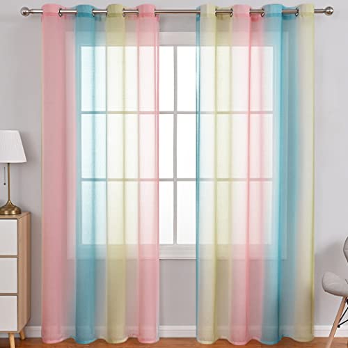 Lsimeru Gardine Farbverlauf Transparent Rosa Blau Gelb Kinderzimmer Mädchen Jungen 2er Pack Regenbogen Sheer Vorhänge Durchsichtig Ösenvorhang Kindervorhänge Babyzimmer,140x240 von Lsimeru