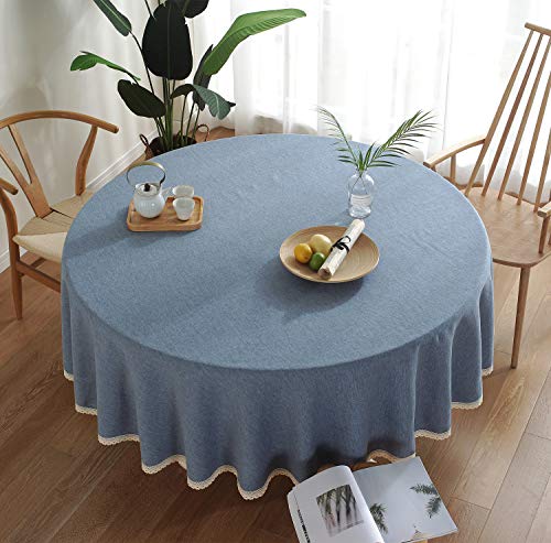 Lsimeru Modern Tischdecke Rund Abwaschbar Gartentischdecke Baumwolle und Leinen mit Quasten,Tischtuch Draussen Blau 120cm Durchmesser von Lsimeru