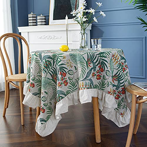 Lsimeru Vintage Tischdecke Abwaschbar Rund 150cm mit Rüsche Pflanzen Blumen Muster Shabby Chic Landhausstil Tischtuch Tischwäsche Tafeldecke Tischdeko Esstisch von Lsimeru