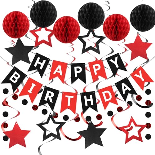 Rot und Schwarz Geburtstag Dekoration, Happy Birthday Banner mit Wabenball, Stern Hängende Wirbel Streamer Kreis Punkt Girlande Dekroationen, Geburtstag Party Dekorationen für Frauen Mädchen Männer Rot und Schwarz Geburtstag Dekoration, Happy Birthday Banner mit Wabenball, Stern Hängende Wirbel Streamer Kreis Punkt Girlande Dekroationen, Geburtstag Party Dekorationen für Frauen Mädchen Männer von Lsoar