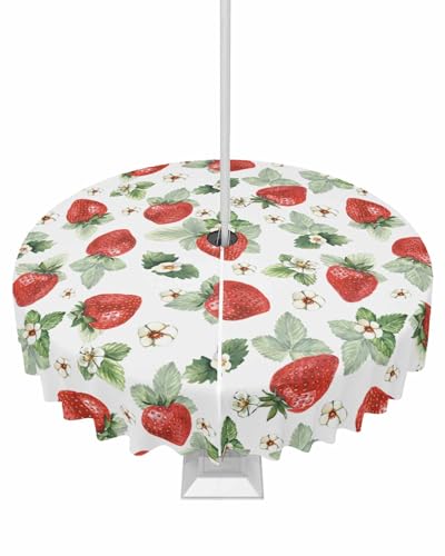 Lsrtoss Outdoor-Tischdecke mit Schirmloch und Reißverschluss, Erdbeere, rund, 152,4 cm, Frühlingsblumen, Sommer, botanisch, grün, Terrassentischabdeckung, wasserdichte Tischdecke für Picknick/Party von Lsrtoss
