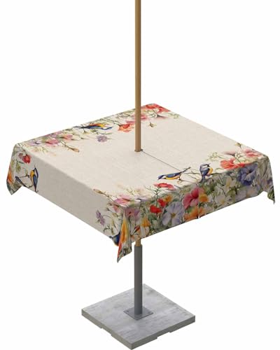 Lsrtoss Outdoor-Tischdecke mit Schirmloch und Reißverschluss, Vintage-Blumen, quadratisch, 137 x 137 cm, Frühlingsblumen, botanisch, rustikal, ländlich, Terrasse, Tischdecke, wasserdicht, Tischdecke von Lsrtoss