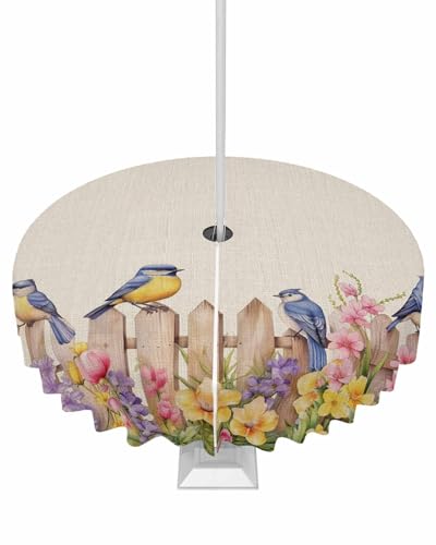 Lsrtoss Outdoor-Tischdecke mit Schirmloch und Reißverschluss, runde Tischdecke mit Frühlingsblumen, 152,4 cm, Sommervögel, botanischer Zaun, rustikale Terrassentischabdeckung, wasserdichte Tischdecke von Lsrtoss