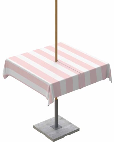 Lsrtoss Rosa gestreifte Outdoor-Tischdecke mit Schirmloch und Reißverschluss, Bauernhaus-Tischdecke, quadratisch, 137 x 137 cm, moderne rosa weiße Streifen, Terrassentischabdeckung, wasserdichte von Lsrtoss