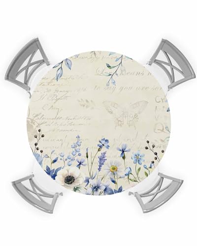 Lsrtoss Runde Tischdecke mit blauem Frühlingsblumen, Sommer, botanisch, mit Gummizug für runde Tische mit 139,7 - 152,4 cm, Vintage-Blumen, Tischdecke für drinnen und draußen, Dinning Party von Lsrtoss
