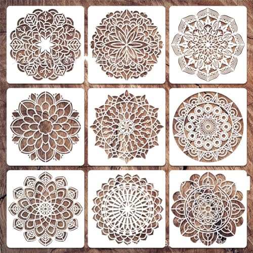 9 Stück Mandala Schablonen Stencils Kit,Wiederverwendbare Mandala Bodenbelag Vorlagen,Blume Handwerk Schablone zum Malen an der Wand,(30x30CM) von Lsydgn