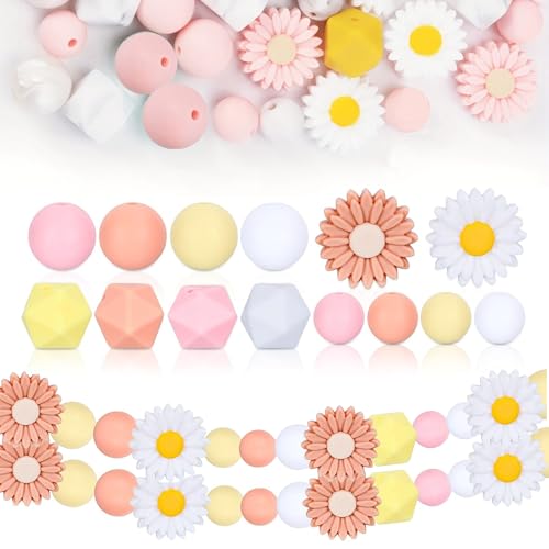 100 Stück Blumenförmige Silikonperlen Set, Bunt Gänseblümchen Bastelperlen Bulk, Rund Lose Silikonperlen Bastelperlen, Gänseblümchen, für DIY Schmuck, Schlüsselanhänger, Armbänder von Ltsbaed