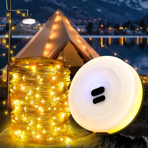 Camping Lichterkette Aufrollbar 10M, 2-in-1 Tragbare Wiederaufladbare LED Lichterkette, IPX4 Wasserdichte Camping lampe, Outdoor Lichterketten(warm Licht) von LuJasi