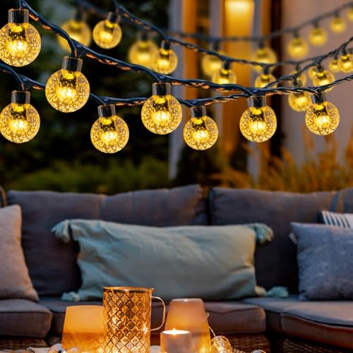 LuJasi Solar Lichterkette Aussen, 12M 60LED Lichterkette Außen Solar IP65 Wasserdicht, 8 Modi Kristall Kugeln, Solarlichterkette Outdoor für Balkon, Garten, Terrasse, Hochzeit, Party (Warmweiß) von LuJasi