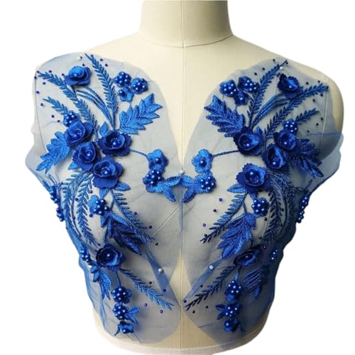 Bestickte Applikation, DIY-Basteln, Spitzenband, 2 Stück königsblauer Spitzenstoff, 3D Blume, Quastenperlen, Strass bestickte Hochzeitskleid-Applikationen von LuMOUzhou