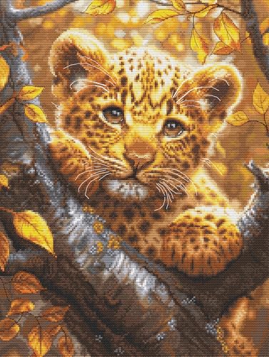 Luca-S Kreuzstich-Set Gold – Leopardenjunges bei Sonnenaufgang, BU5068, Kreuzstich-Set nach Zählmuster für Erwachsene, Handarbeits- und Stickset von Luca-S