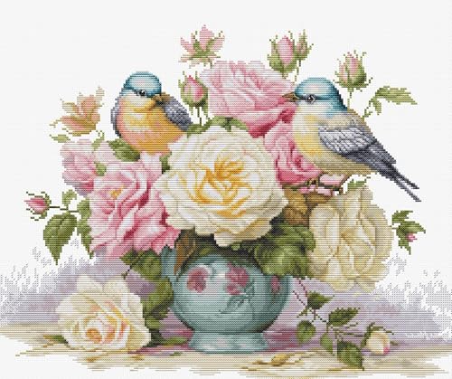 Luca-S Kreuzstich Stickpackung Vase mit Rosen und Vögel, Zählmuster Luca-S Kreuzstich Stickpackung Vase mit Rosen und Vögel, Zählmuster von Luca-S