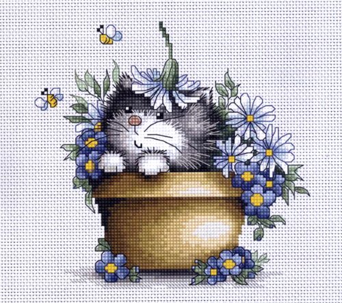Luca-S Kätzchen in Blumen Kreuzstichset, Baumwolle, Mehrfarbig, 16x15,5cm von LUCAS