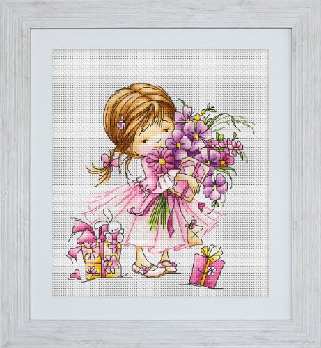 Luca-S Mädchen mit einem Blumenstrauß Kreuzstichset, Baumwolle, Mehrfarbig, 13,5x14,5cm von Luca-S
