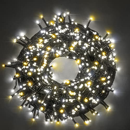 LUCCIKA® Lichterkette zweifarbig 9 Meter mit 180 LEDs Farbe Eisweiß + Warmweiß für den Außen- und Innenbereich Controller 31 V mit 8 Spielen und grünem Kabelspeicher von Luccika