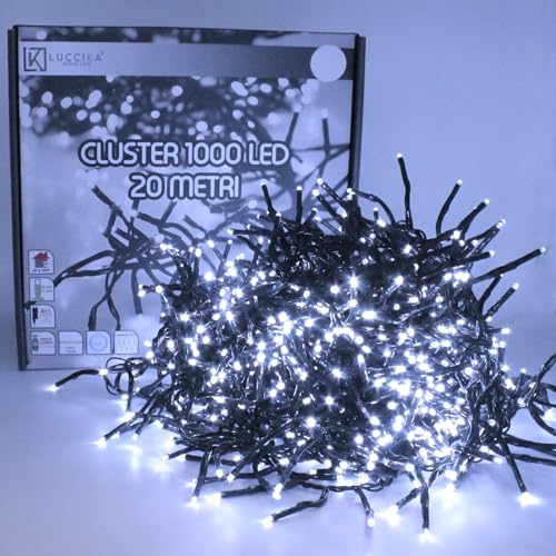 Luccika, Cluster-Lichterkette, Eisweiß, 20 Meter, 1000 LEDs, Ø 3 mm, Lichterkette für Weihnachtsbaum, 4 Lichteffekte, Fernbedienung, Timer, grünes Kabel IP44, Verwendung im Innen- und Außenbereich Luccika, Cluster-Lichterkette, Eisweiß, 20 Meter, 1000 LEDs, Ø 3 mm, Lichterkette für Weihnachtsbaum, 4 Lichteffekte, Fernbedienung, Timer, grünes Kabel IP44, Verwendung im Innen- und Außenbereich von Luccika