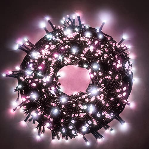 Luccika Weihnachtslichterkette mit LED-Lichtern auf grünem Kabel für den Innen- und Außenbereich 31 V Controller mit 8 Lichtspielen und Speicher (Rosa + Eisweiß, 25 Meter mit 500 LEDs) von Luccika
