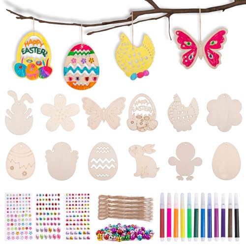Luchild Easter Wooden Hanging Ornaments Unfinished Wooden Easter Decoration with Cord, DIY Crafts for Painting, Wooden Pendant for Children, Easter Party Decorations von Luchild