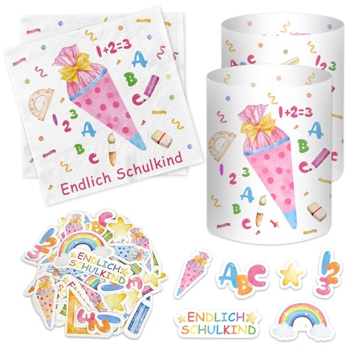20 Stück Servietten Einschulung + 12 Windlicht + 50 Konfetti Streudeko Tischdeko, Endlich Schulkind 2025 Deko, Schulanfang Deko Mädchen Rosa, Schuleinführung Einschulungsdeko mit Bunt ABC Zuckertüte von Luckeey