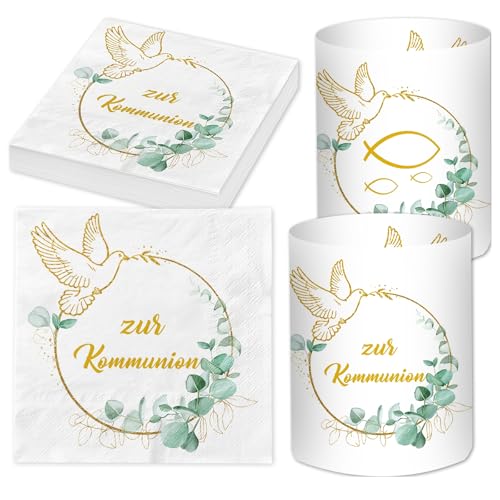 20 Stück Servietten Kommunion + 12 Windlicht Tischdeko+ 60 Holzfische Streudeko, Kommunion Deko Junge Mädchen Eukalyptus Grün, Erstkommunion Kommunion Geschenke Gastgeschenke, Kommunionsgeschenke von Luckeey