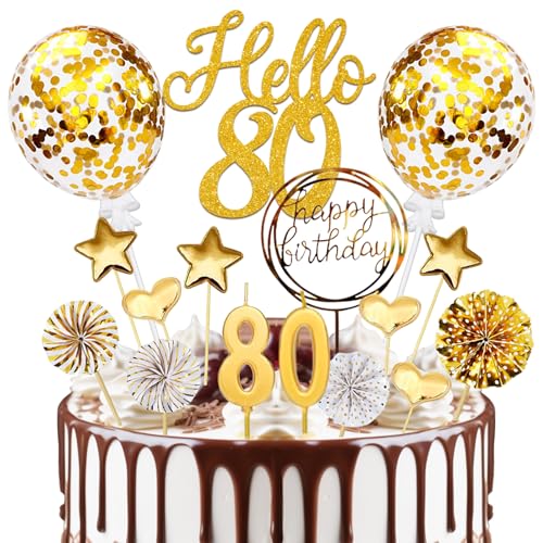 Tortendeko 80 Geburtstag, 80 Geburtstag Deko 20 Pcs Gold Torten Deko, Hello 80 Cake Topper mit Geburtstagskerzen, für Deko 80 Geburtstag Mann Frau von Luckeey