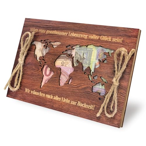 Geldgeschenk Hochzeit Holz Weltkarte | Hochzeitsgeschenke für Brautpaar | Hochzeitsgeschenk Geld Personalisiert | Flitterwochen Geschenk | Originelle Rot Weltkarte Geldgeschenk von Luckeey