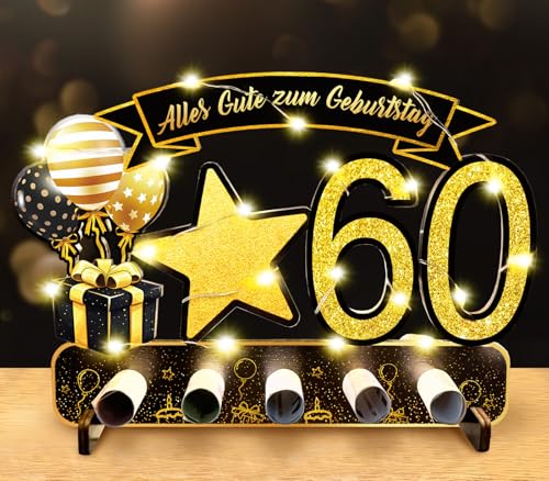 Geldgeschenke Geburtstag 60, Geschenke 60 Geburtstag Mann mit LED Lichterkette, Geldgeschenke Verpackung Holz, Schwarzes Gold Tischdeko Geburtstag für Mann Frau von Luckeey