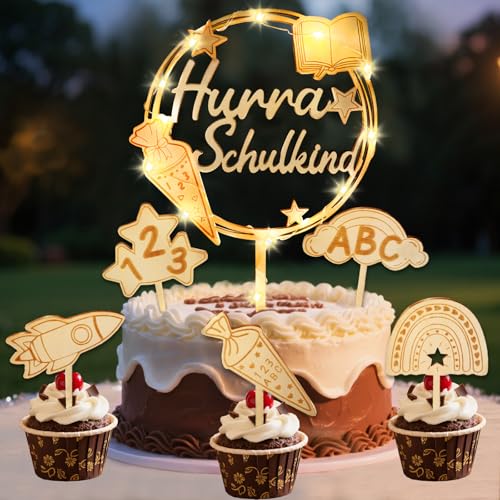 Tortendeko Einschulung mit LED Lichterkette, 6 STK Kuchen Deko Hurra Schulkind Holz Kuchendeko Schulanfang, Zuckertüte ABC 123 Cake Topper Schulkind 2025 Einschulung Junge Mädchen Geschenk von Luckeey